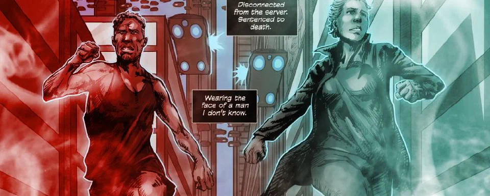 A two-panel comic: a man running, captioned "Disconnected from the server. Sentenced to death."