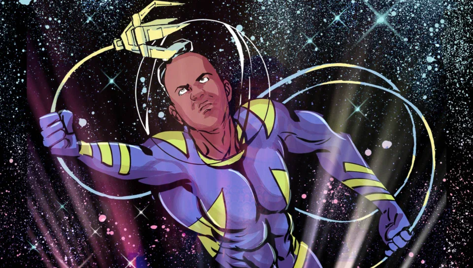 A figure in a blue and yellow suit swings a grappling line against a starfield